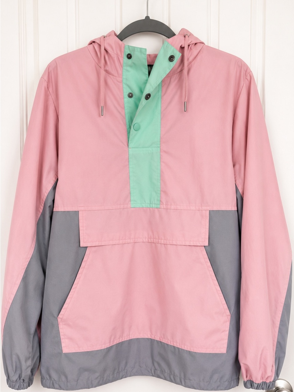 Hooded Colorblock Rain Pullover - Pink, Mint & Gray